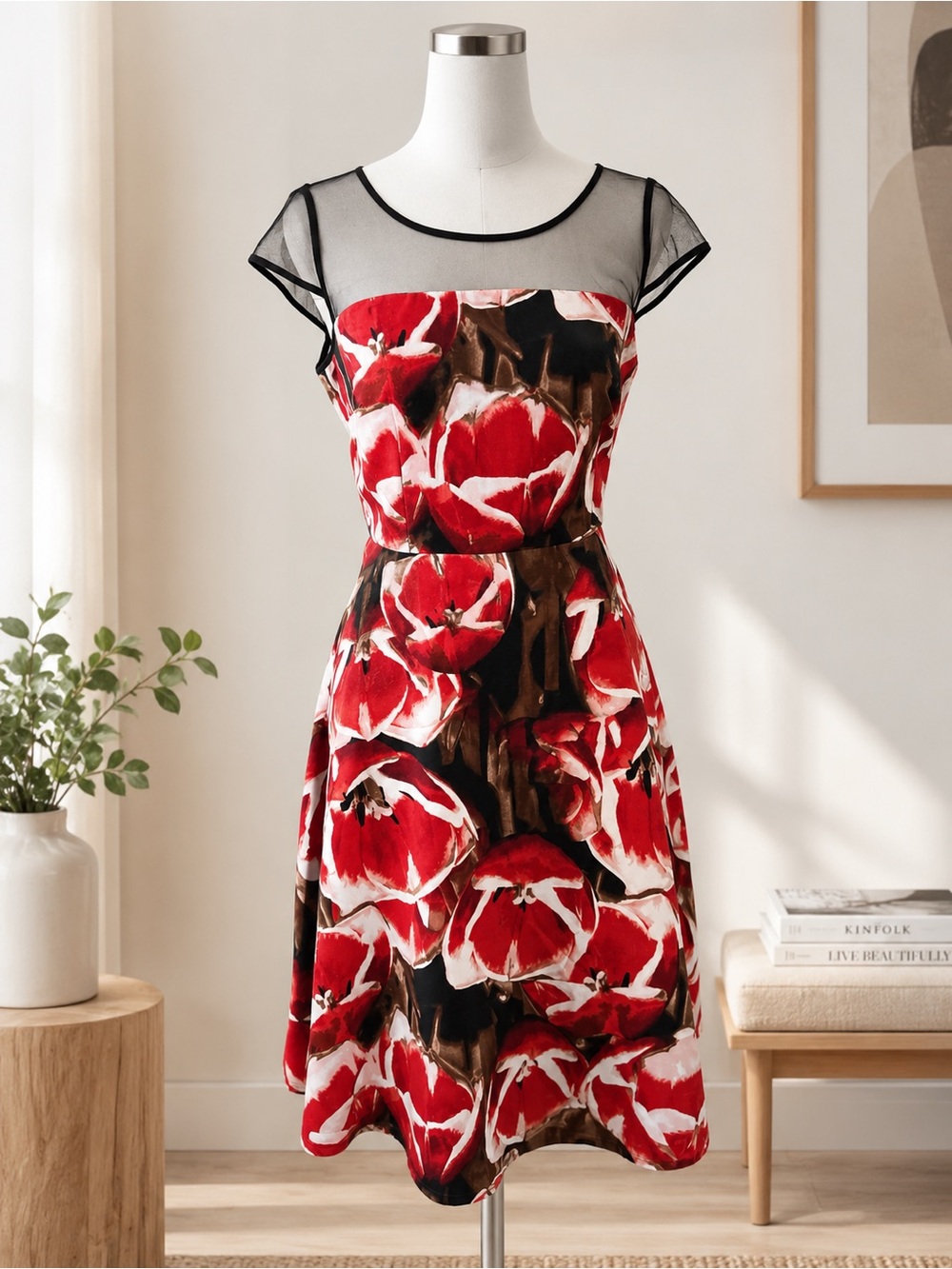 Liz Claiborne Red Floral Fit-and-Flare Dress with Black Sheer Yoke